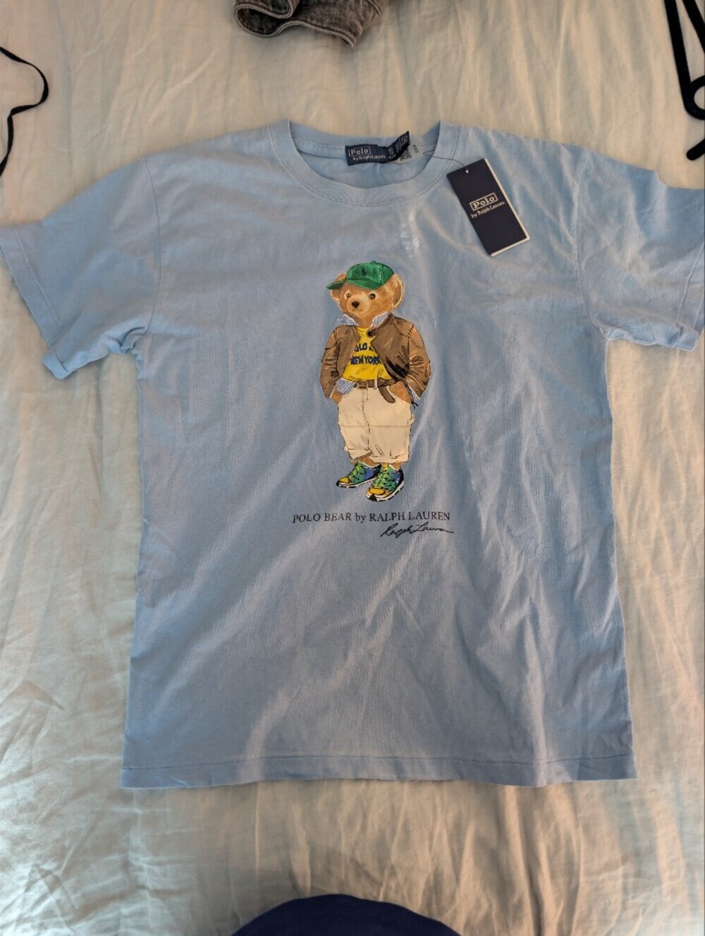 NWT Polo Ralph Lauren Light Blue Leather Jacket Polo Bear Graphic T-Shirt XS